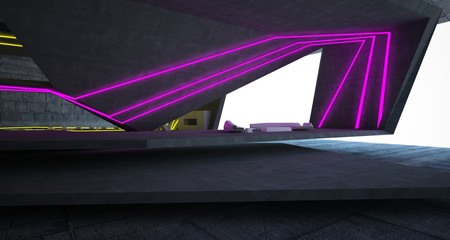 Abstract architectural concrete interior of a minimalist house with colored neon lighting. 3D illustration and rendering.