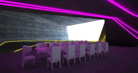 Abstract architectural concrete interior of a minimalist house with colored neon lighting. 3D illustration and rendering.