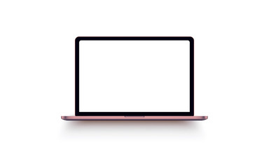 Rose laptop with blank computer screen on white background. Front view notebook mock up. The display is opened 90 degrees. Modern mobile device.