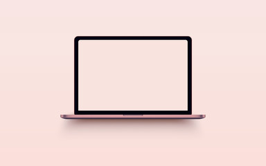 Rose laptop with blank computer screen on rose background. Front view notebook mock up. The display...