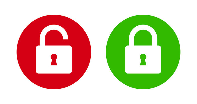 Padlock lock and unlock icon on green and red flat button