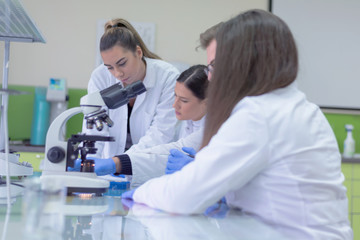 Group of  Laboratory scientists working at lab with test tubes, test or research in clinical laboratory.Science, chemistry, biology, medicine and people concept.