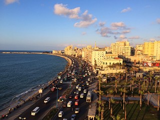 Fototapeta premium Alexandria Egypt panoramic aerial view of corniche seaside shore coastline traffic