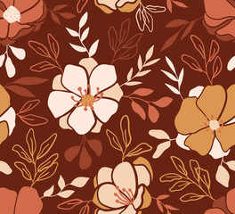 Floral graphic vector illustration. Trendy seamless pattern with hand drawn flowers. Modern repeatable background.