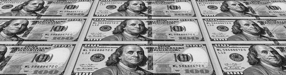 3D of 100 dollar banknotes rows layed out preciesly