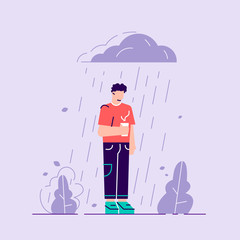 Sad male character standing under the rain