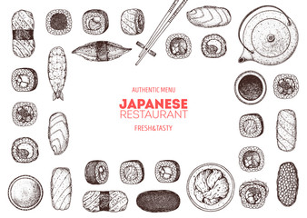 Sushi and rolls vector illustration. Hand drawn sketch. Japanese food menu design. Vintage vector elements for japanese cuisine menu. Retro style design. Food and drink collection. Sushi sketch.