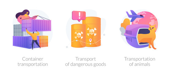 Freight distribution. Hazardous cargo shipment. Container transportation, transport of dangerous goods, transportation of animals metaphors. Vector isolated concept metaphor illustrations.