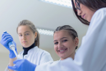 Fototapeta premium Group of Laboratory scientists working at lab with test tubes, test or research in clinical laboratory.Science, chemistry, biology, medicine and people concept.