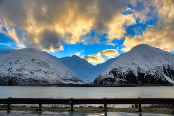 Snow covered mountains in Anchorage, in direction of Portage, Alaska
