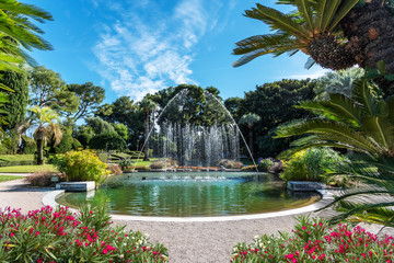 Beautiful formal garden in springtime in a public area of Villa Ephrussi de Rothschild in St Jean Cap Ferrat in France