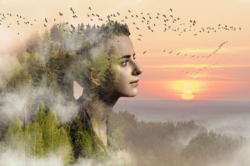 Portrait collage of a young girl surrounded by nature. Environmental conservation concept.