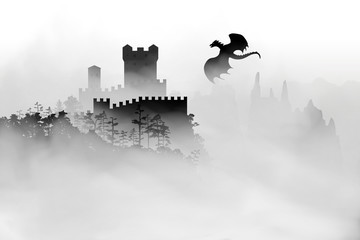Castle on the top of mountain with forest under the fog clouds and dragon flying in the sky near the fortress. Vector black and white silhouette illustration.