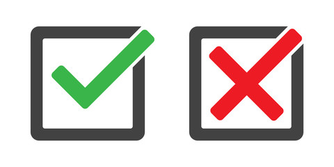 Check mark and cross in box vector isolated icons. Check mark icon set. Green and red yes and no signs. Green tick. Vote, voting. - obrazy, fototapety, plakaty