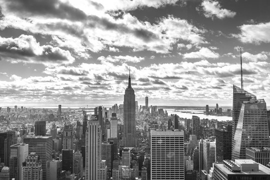 New York, United States »; January 5, 2020: Top of the Rock in New York, beautiful view of the Empire State and its surroundings. Beautiful black and white photo