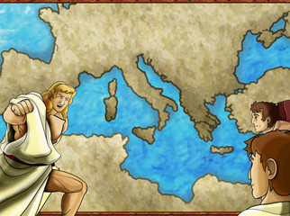cartoon map scene with greek or roman character or trader merchant with mediterranean sea illustration for children