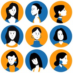 Set of female faces flat vector characters. People icons collection.