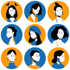 Set of female faces flat vector characters. People icons collection.