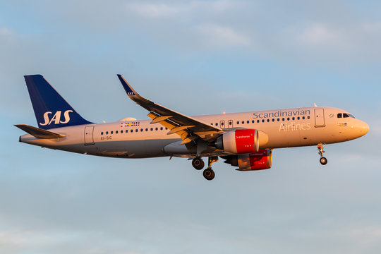 Scandinavian Airlines System Airbus A320 Neo airplane at London Heathrow