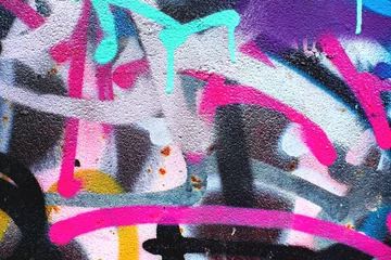 Zelfklevend Fotobehang Closeup of colorful urban wall texture. Modern pattern for wallpaper design. Creative urban city background. Abstract open composition. © Aleksandra Konoplya