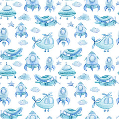 Watercolor hand painted cute seamless pattern. Perfect for fabric, scrapbooking, wrapping paper. Blue collection:airplane, sky rocket, clouds, retro cars,heart