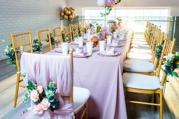 Kids birthday table decoration. Elegant table is ready for the children's holiday.