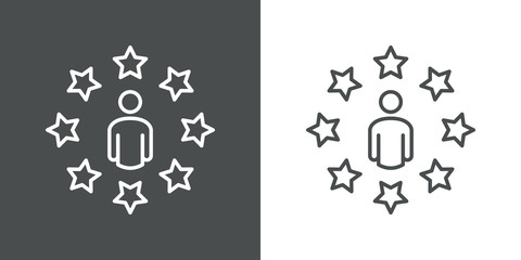 Símbolo evaluación. Icono plano lineal hombre de negocios rodeado de estrellas en fondo gris y fondo blanco - obrazy, fototapety, plakaty