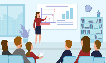 Set of male and female office workers talking to each other. Business people or clerks communicating with colleagues, negotiating, making presentations. Flat cartoon colorful vector illustration