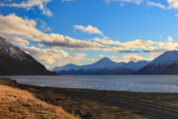 The scenery in sunset driving on Highway 1 between Anchorage and Portage, Alaska