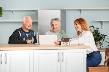 Female real estate agent working with senior couple indoors