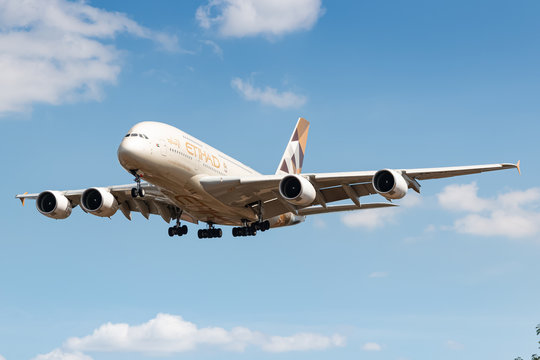 Etihad Airways Airbus A380 airplane at London Heathrow