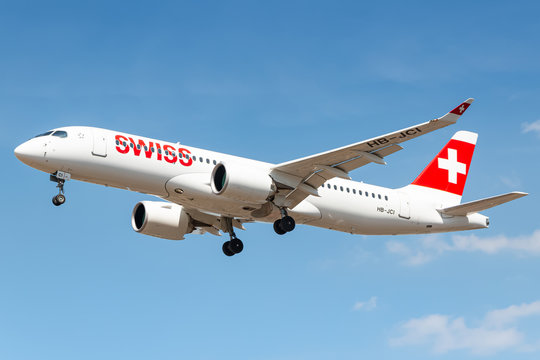 Swiss International Airlines Airbus A220 airplane at London Heathrow