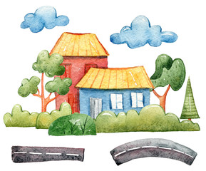 Watercolor hand painted cartoon clipart: house, trees, clouds. Garden tree creator. Lovely cute illustration on white background.