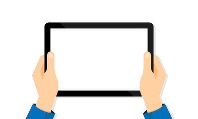 Tablet computer in hands on a white background. Tablet blank screen. Vector EPS 10