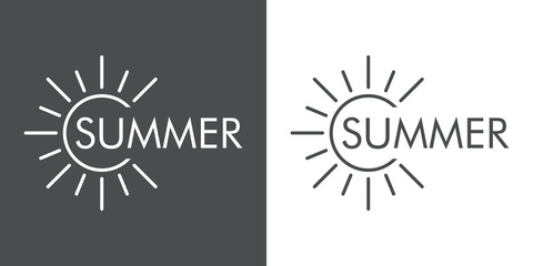 Concepto de vacaciones y viajes. Logotipo lineal sol con texto SUMMER en fondo gris y fondo blanco © teracreonte
