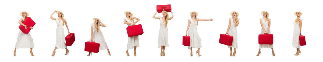 Woman with red suitcase isolated on white