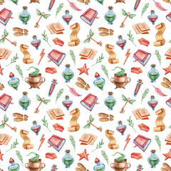 Watercolor hand painted magical wands, seamless pattern. Halloween clipart-poison bottles, mushroom, candles, books, key, star, foot steps, paper. Illustration on white background.