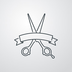 Corte de pelo. Icono plano lineal tijeras con cinta en fondo gris