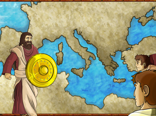 cartoon map scene with greek or roman character or trader merchant with mediterranean sea illustration for children