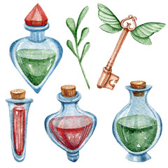 Watercolor hand painted magical wands. Halloween clipart-poison bottles, key. Illustration on white background.