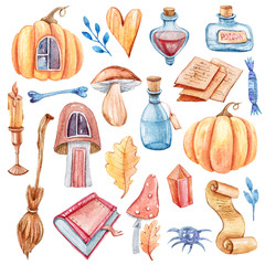 Watercolor hand painted magical wands. Halloween autumn clipart-poison bottles, mushroom, candles, books, bone, leaf, paper. Illustration on white background.