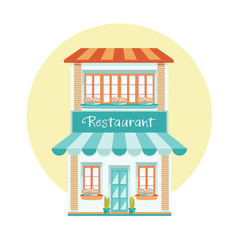 Restaurant cafe building in simple cartoon flat style. Cozy, cute two-story house with a visor and an advertising sign