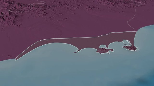 Adan, governorate with its capital, zoomed and extruded on the administrative map of Yemen in the conformal Stereographic projection. Animation 3D