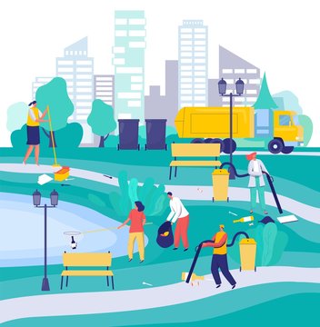 People Cleaning City Park, Cartoon Characters Vector Illustration. Environment Volunteers And Maintenance Service Workers. Men And Women Collecting Trash In Park, Environment Activists Work Together