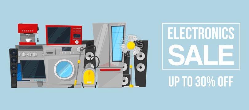 Kitchen equipment electronics appliances and digital products sale vector illustration. Flat horizontal household banners of electronics sale with typography. Washing machine, stove, refrigerator.