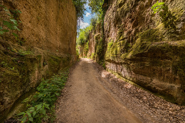 Via Cave natural caves country roads near Sovana Sorano Pitigliano in Tuscany Italy with green nature and rocks