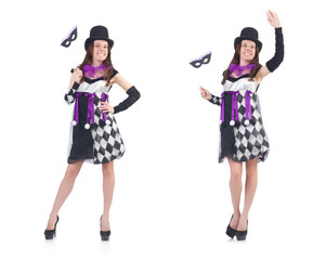 Pretty girl in jester costume with mask isolated on white