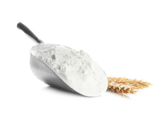 Scoop with flour on white background