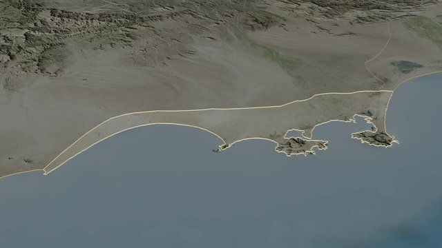 Adan, governorate with its capital, zoomed and extruded on the satellite map of Yemen in the conformal Stereographic projection. Animation 3D