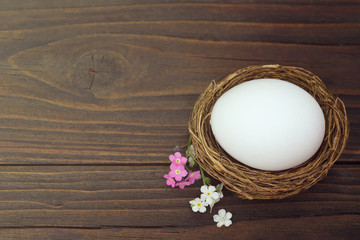 Easter egg in nest on wooden background